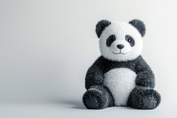 Soft panda toy with friendly expression, sitting against minimal