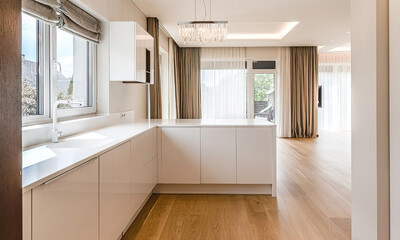 Modern luxury kitchen interior in minimal scandinavian style, 3d render