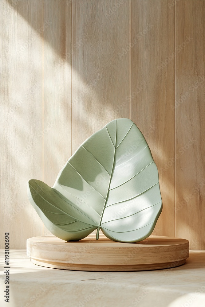 Poster podium in the design of large, smooth leaves on a natural wood surface with negative space for text 