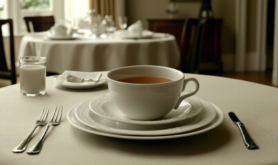 Teacup on table in dining room with milk, place setting, blurred background of set table