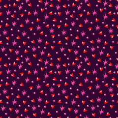 Watercolor hearts and stars seamless pattern. Hand drawn background. Purple background, red hearts, pink stars.