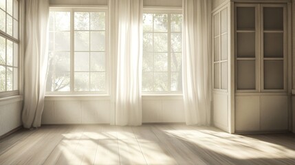 Fototapeta premium Sunlit empty room with large windows, hardwood floor, and sheer curtains.