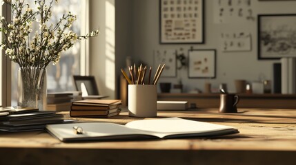 Workspace with notebook, pencil holder, and coffee, ready for writing or drawing.