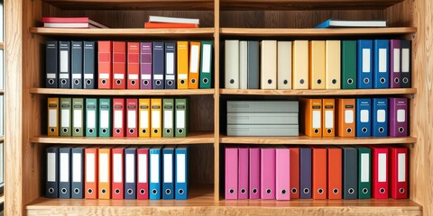 A bookcase filled with neatly labeled and color-coded binders in a variety of hues on wooden shelves, study space, file management