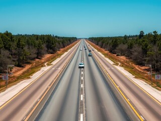 Obraz premium A long asphalt highway stretching into the distance with a few cars driving down the center, surrounded by trees and a clear blue sky, asphalt road markings background, tree