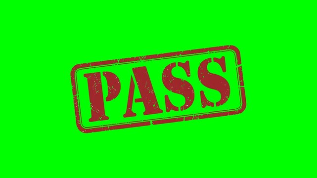 animated "PASS" rubber stamp seal in bold red text features a zoom effect on a green screen background for educational content, approvals and certifications