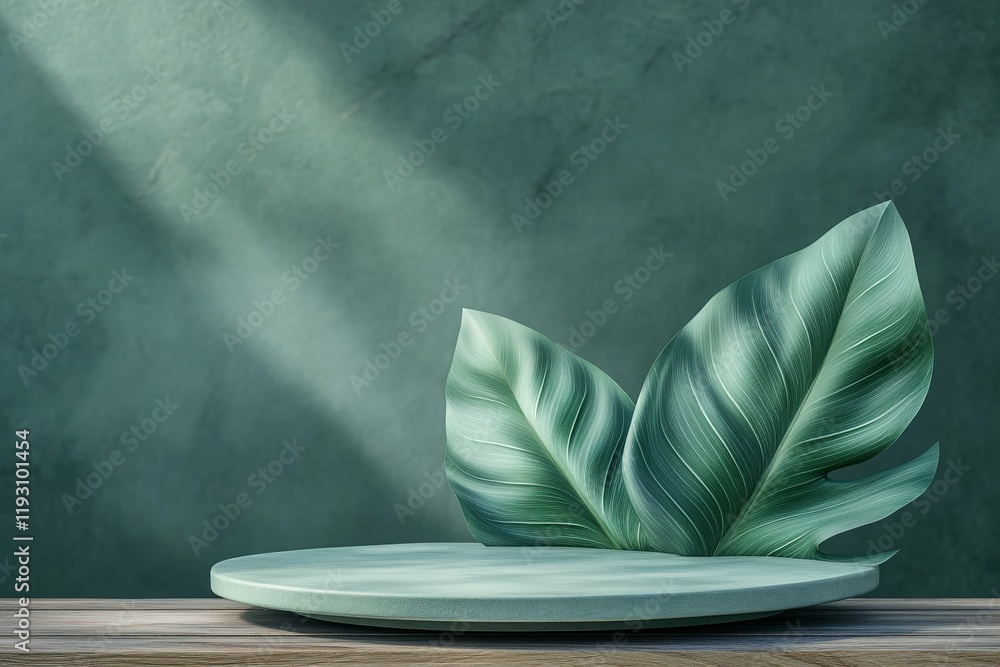 Poster podium designed in the shape of smooth leaves in soft green tones on a natural wood surface with amp