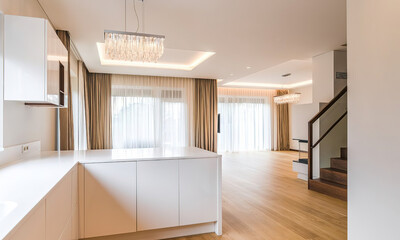 Modern luxury kitchen interior in minimal scandinavian style, 3d render