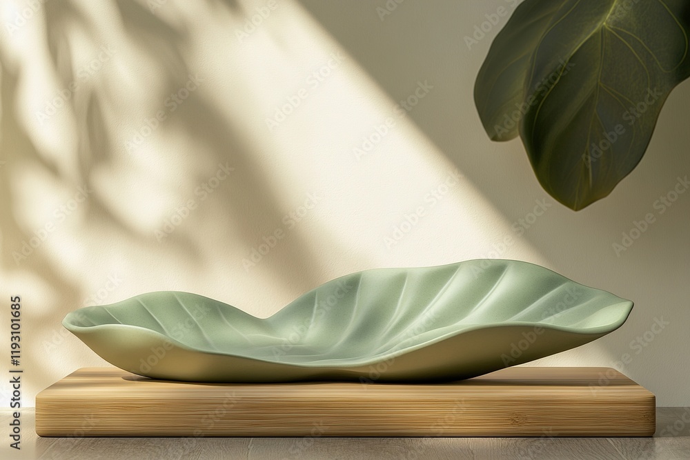 Poster podium designed in smooth leaf shape with soft green tones on natural wood surface in a calming sett