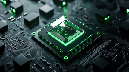 Obraz premium A futuristic circuit board design with glowing green elements on a dark background, perfect for tech-related ads, digital products, and innovation-focused marketing. 