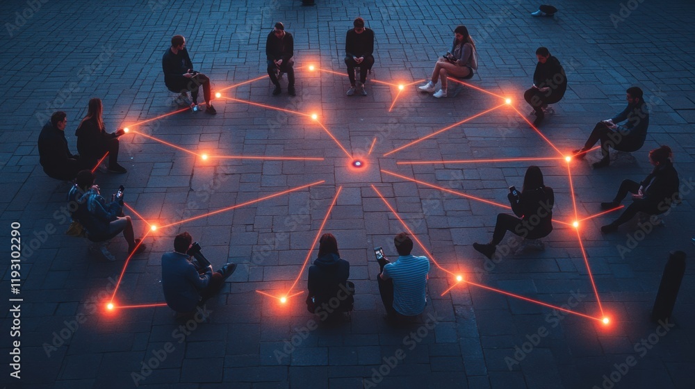 Poster people connect in a circle at night with glowing phones and illuminated digital lines in an outdoor 