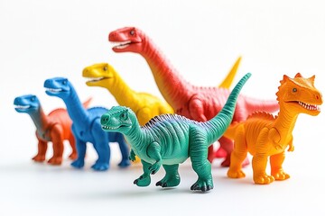 Colorful toy dinosaurs arranged in playful display, showcasing v