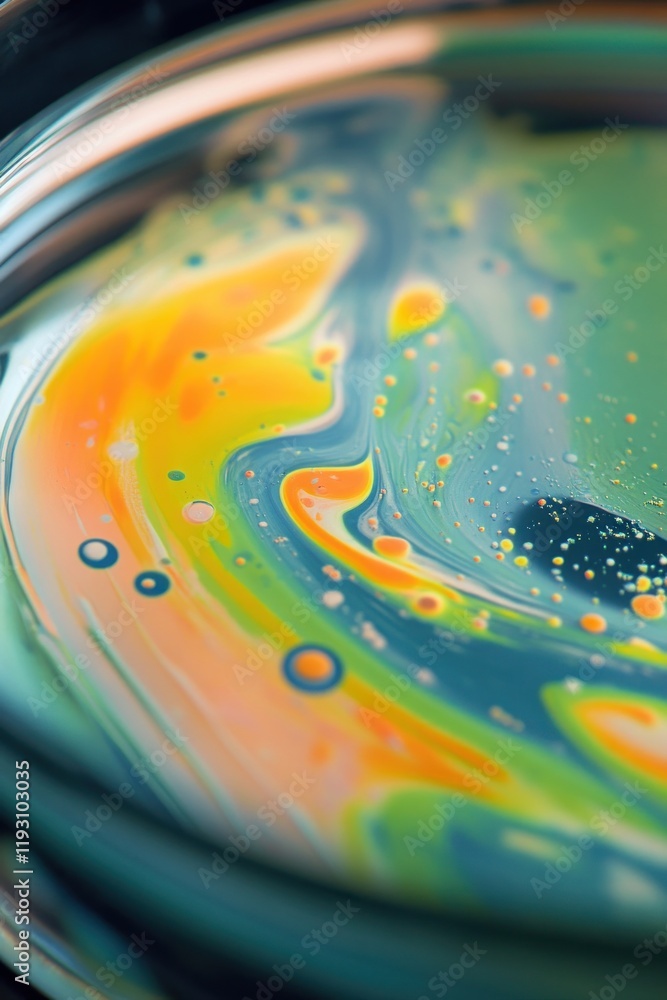 Poster colorful swirls and bubbles creating abstract patterns in a petri dish
