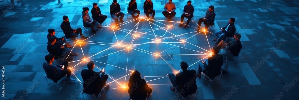 Leinwandbilder Group of people connecting through glowing phones and illuminated lines in a digital circle at night. Generative AI