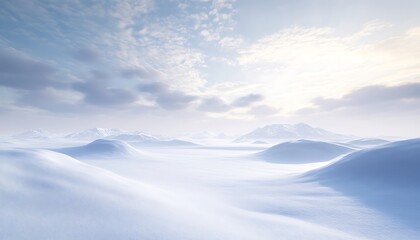 A vast snowy tundra with low hills the sky filled with soft clouds and muted light