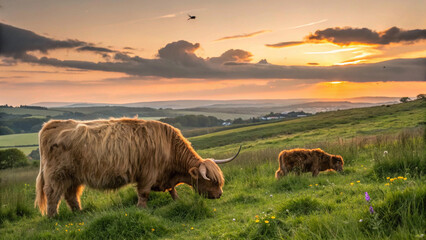 Highland cow and calf. Sunset over the pasture,countryside, hairy, bee