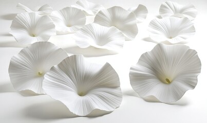 White paper flowers on white background, minimalist art, design element