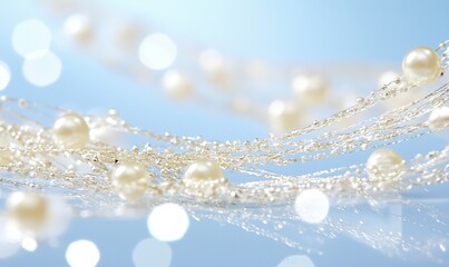 White pearl strands on blue background with bokeh, ideal for jewelry or wedding themes