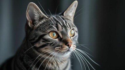 Close up portrait of a curious tabby cat with striking eyes showcasing beauty and tranquility