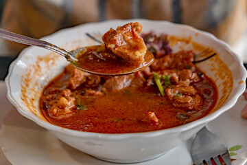 Delicious spicy stew served in a bowl with a spoon, capturing the warmth and flavor of home-cooked meals