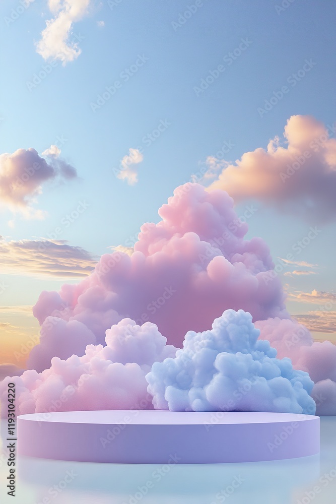 Poster podium designed as fluffy clouds in soft pastel colors against a serene sky-blue backdrop creating a
