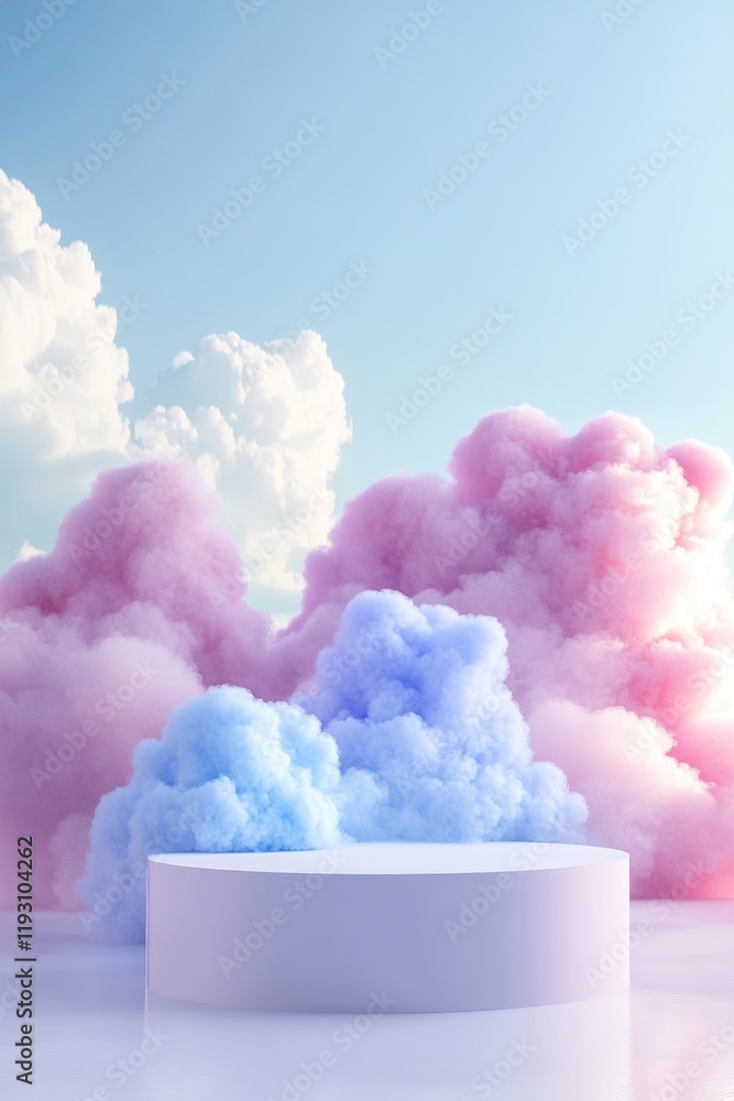 Poster podium designed to resemble fluffy clouds in soft pastel colors with a light sky-blue background and