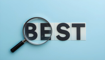 The magnifying glass highlights the word best on isolated blue background