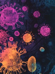 Obraz premium Magnified view of vibrant viruses showcasing intricate structures and varied colors in scientific visualization. Generative AI