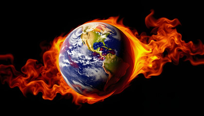 Planet earth burning in fire on a black background. Global warming concept, with white tones