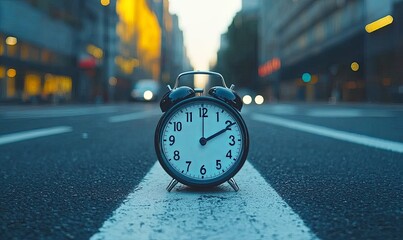 Alarm clock on city street at dawn, symbolizing time management and urban life.