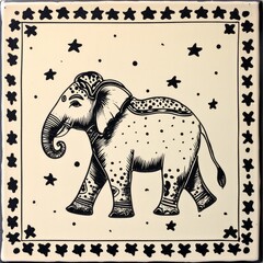 Fototapeta premium Blue elephant, solid line drawing, border, hand painted, small stars 