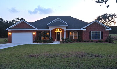 Obraz premium Brick house with lit entryway at dusk, green lawn, driveway, residential neighborhood.