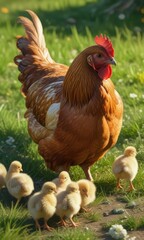 Fototapeta premium A mother hen watches over her chicks as they play and chase each other in the grass , bird, black hen, playful