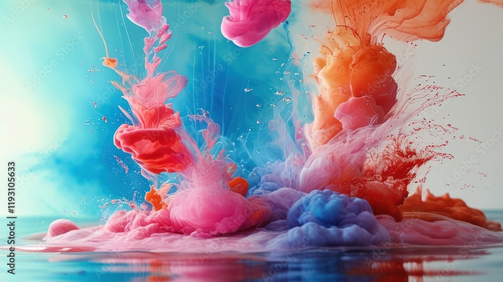 Poster dynamic splash of pink and blue ink swirling in water, creating vibrant abstract patterns and textur