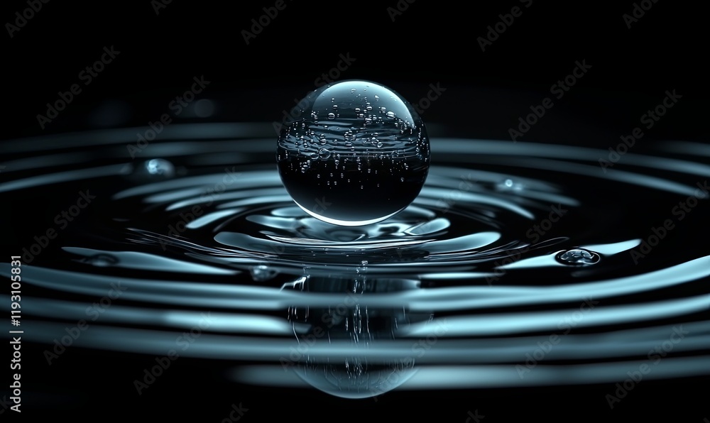 Poster clear sphere floating on rippling dark water, creating concentric circles, ideal for science or abst