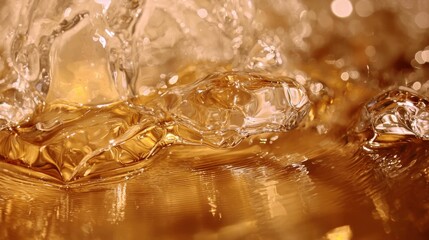 A close-up of a golden liquid creating interesting patterns and reflections, showcasing a glossy and smooth surface with vibrant textures.