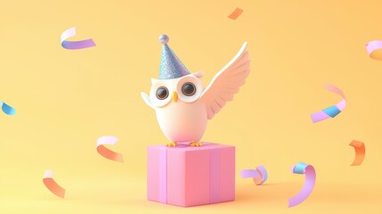 Adorable Owl with Glittery Party Hat Celebrating on a Colorful Background with Festive Confetti and Gift Box
