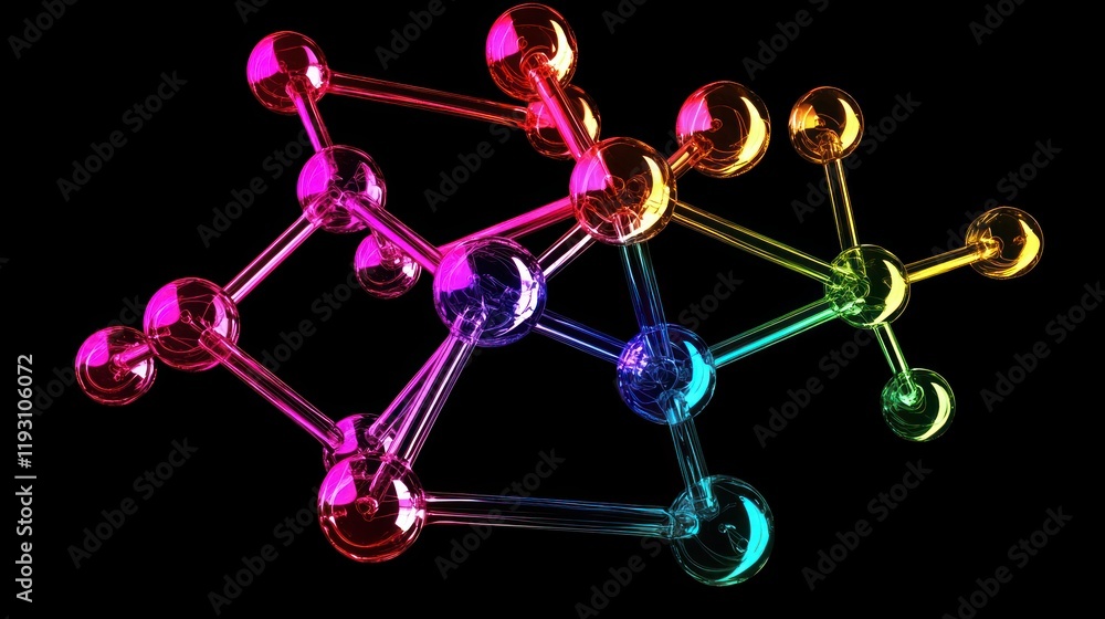 Poster a 3d rendering of a molecule with interconnected atoms, with vibrant colors to highlight the bonds b