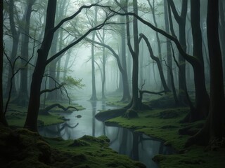 Obraz premium A mysterious swamp hidden deep within an enchanted forest, with moss-covered trees, misty waters, and lurking shadows, enchanted, shadows