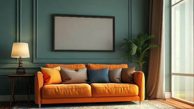 A cozy living room with an orange sofa and green walls