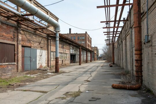 A neglected and worn-down industrial area with exposed pipes and brick walls, abandoned, peeling paint