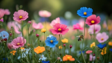 Fototapeta premium Vibrant Flowers in Bloom with Bees Collecting Pollen in a Garden Setting Under Natural Light