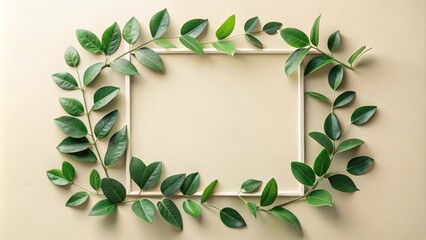 Naklejka premium Simple square frame surrounded by vibrant green leaves on a pale background