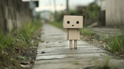 Cardboard figure standing alone on a narrow path between houses.