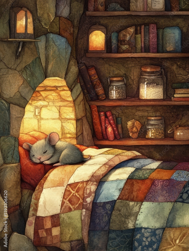 Aufkleber cute mouse sleeping in cozy nook surrounded by warm light and colorful patchwork blanket in a librar