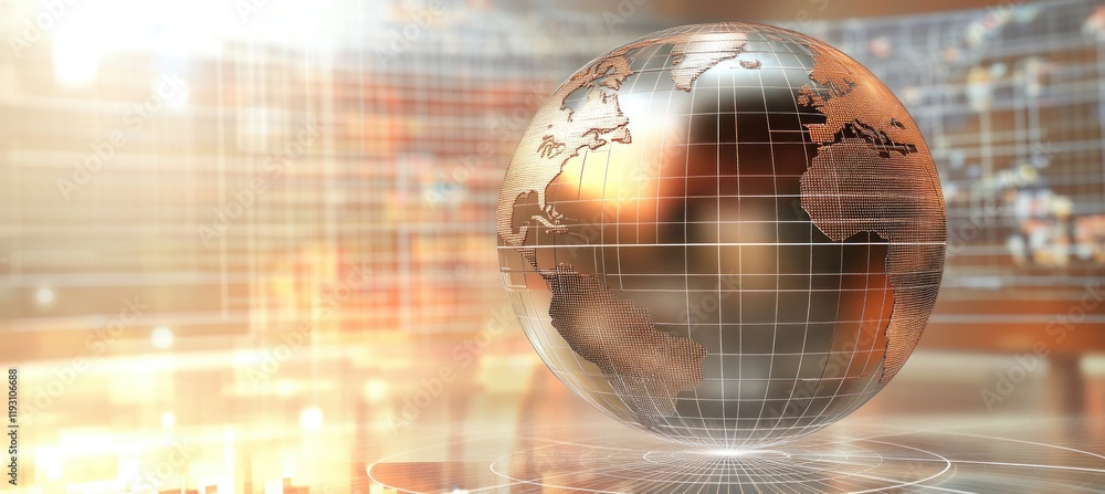 Poster holographic globe rotating on digital display in modern office, futuristic global business and techn