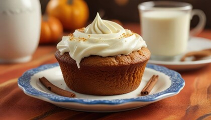 A perfectly lit shot of an autumn delight pumpkin spice muffin with cream cheese frosting on top, placed on a decorative plate, decorated plate, appealing, pumpkin spice