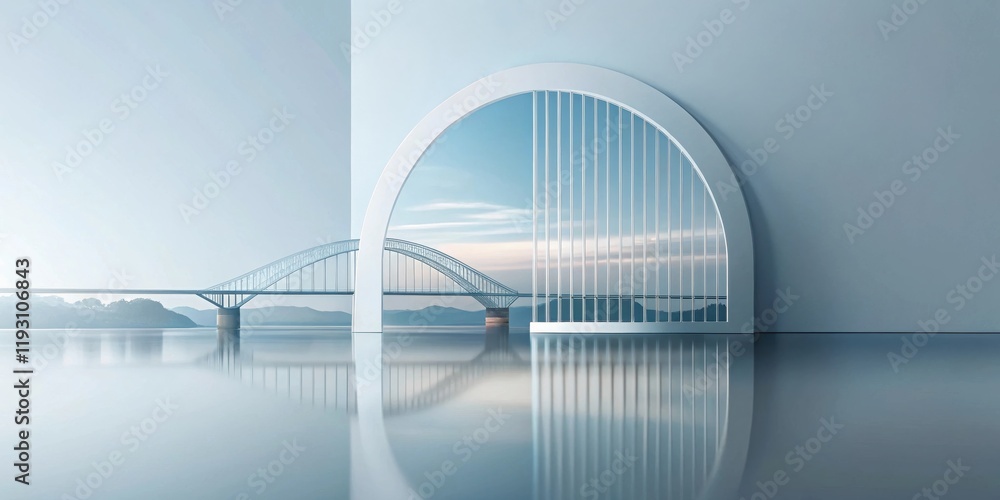 Poster serene minimalist architectural design featuring a bridge and calm water view through an arched wind
