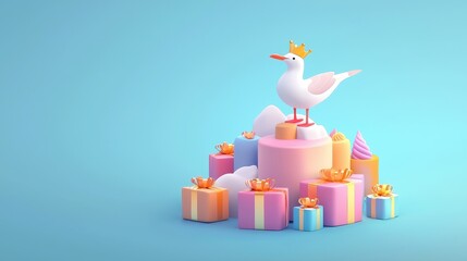 Festive Seagull with Crown Surrounded by Colorful Gifts in a Whimsical Party Setting