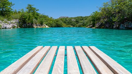 Obraz premium Wooden dock extending over serene turquoise lake, lush green foliage backdrop.